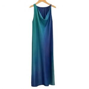 NEW KLD. SIGNATURE women's satin high neck dress in navy/aqua ombre